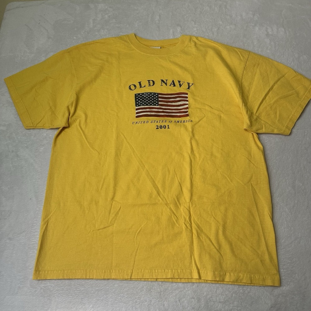 Vintage 2001 Old Navy American Flag T-Shirt XL Yellow USA Graphic Tee Retro 90s
